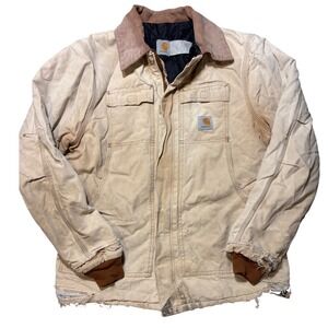 Vintage Carhartt  Duck Canvas Jacket Tan Quilt Lined Mens XL Faded Trashed